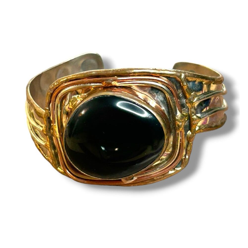 Artisan Mixed Metal Cuff Bracelet Vintage Boho Brass Copper Black Onyx India